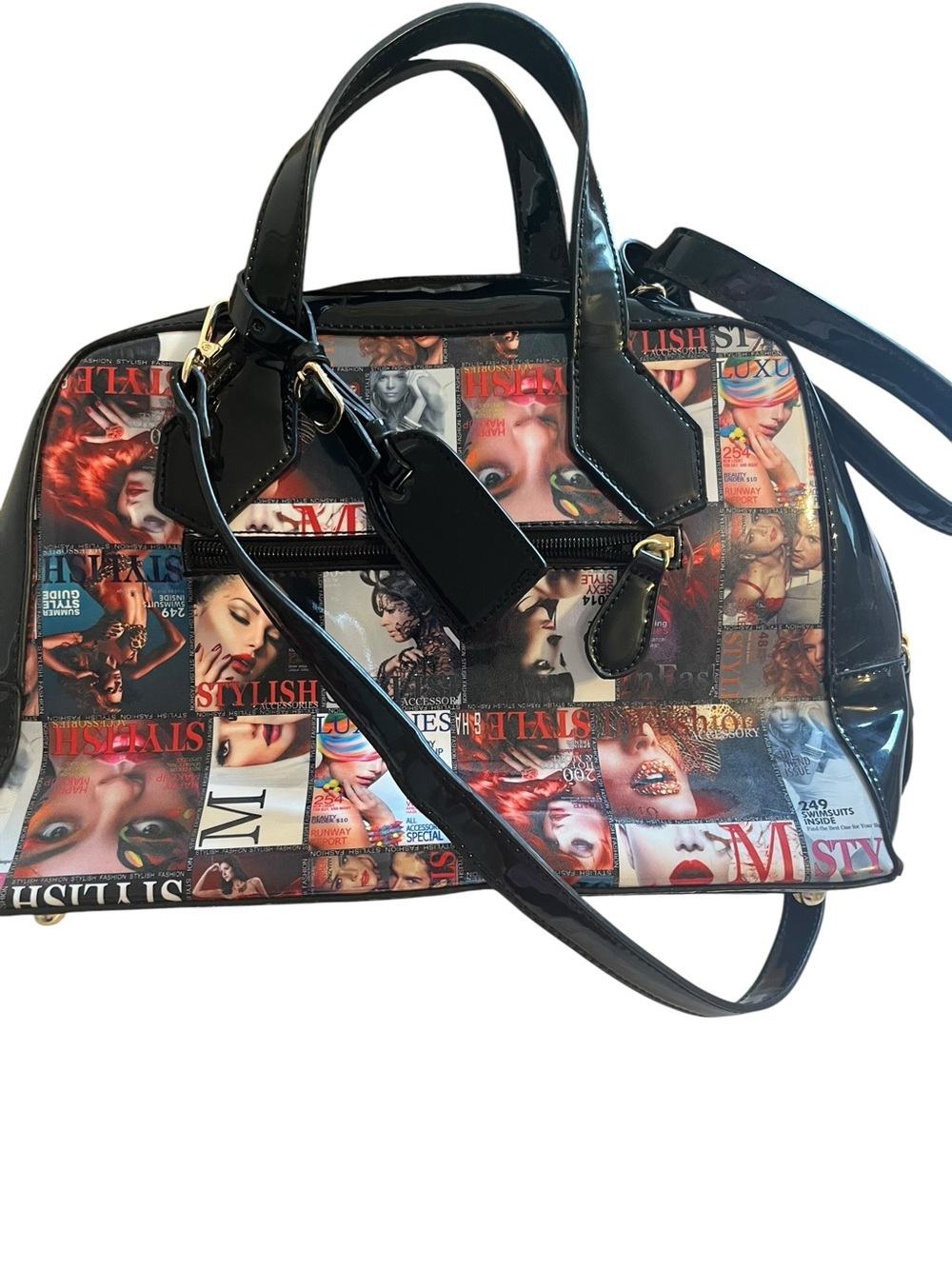 Fashion Magazine Print Patent Satchel Crossbody Bag Y2K Indie Statement Purse